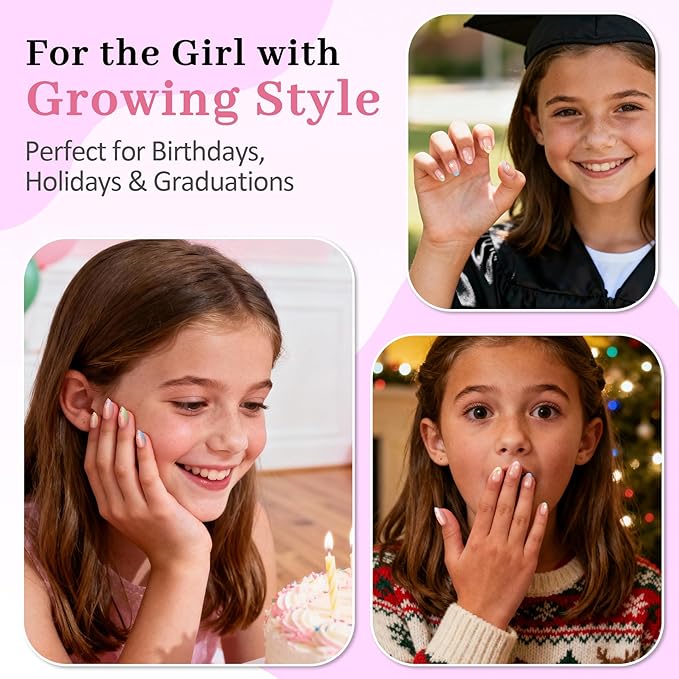 16 Sizes 128 Pieces Press on Nails for Kids, 4 pack Kids Nail Kit Colorful Flower Almond Fake Nail Tips for Girls 8-12 Years Old with Jelly Nail Adhesives & Nail Glue Birthday Easter Gifts