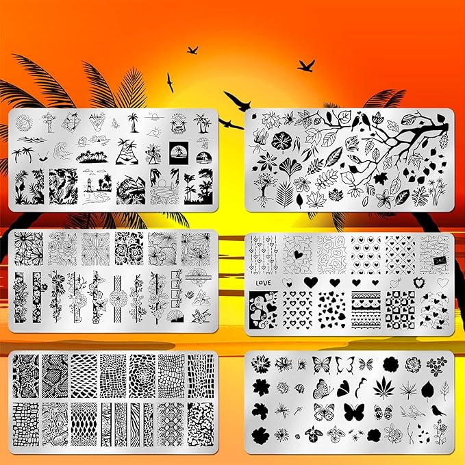 JERCLITY 6pcs Nail Art Stamping Kit Nature Nail Stamping Plates for Nails Butterfly Love Heart Beach Flower Snake Image Plates for Holiday