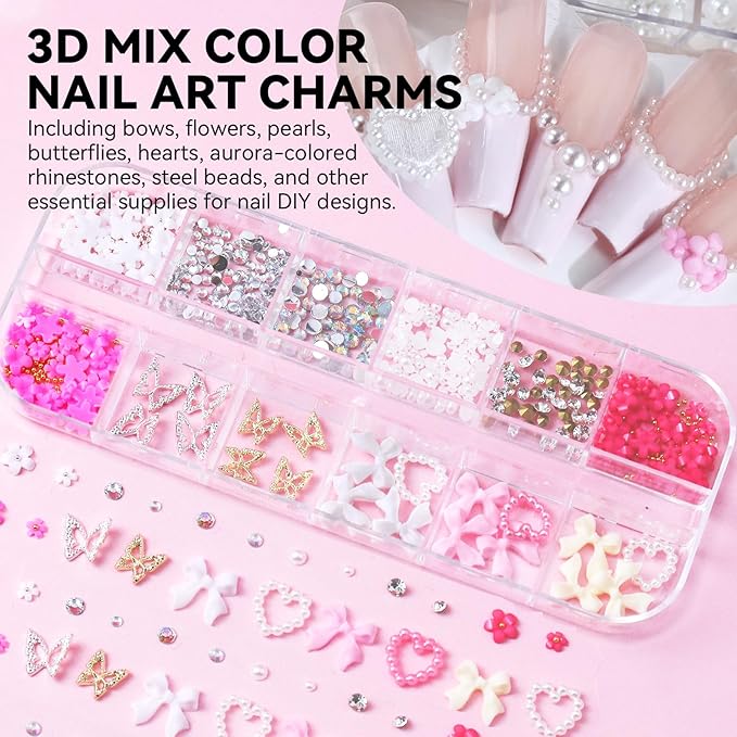 Nail Charms Kit with 30 Sheets Flower Nail Stickers,Colorful Heart Flower Bow 3d Nail Rhinestones And Gems,Nail Pearls Jewels,Tweezer and Wax Pen,Nail Art Tools for DIY Nail Design