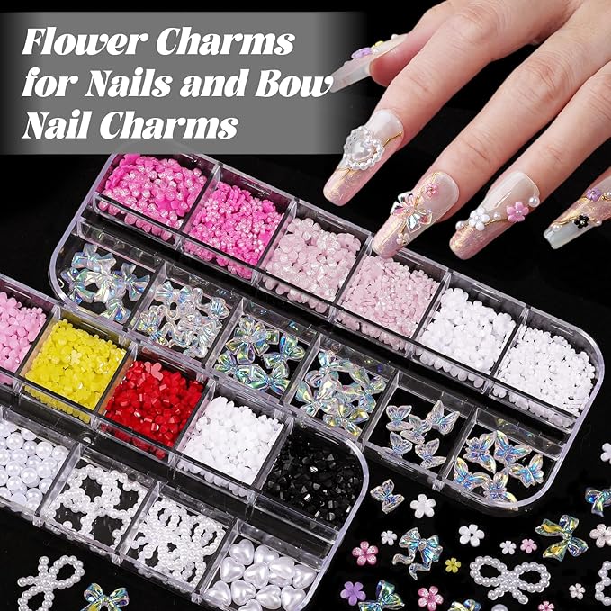Nail Charms and Gems, Charms for Nails Design Kit with 10 Boxes 3D Nail Charms Colorful Clear Flat Back Rhinestones and Nail Pearls,Diamonds,Picker Tools, Nail Rhinestones and Charms for Nail Art