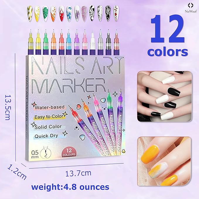 12 Colors Nail Art Pens Set – 0.5mm Fine Tip Nail Art Markers & Quick-Dry Nail Polish Pens for DIY Nail Art, Manicure, Salon Drawing, Dotting & Painting (12 PCS)