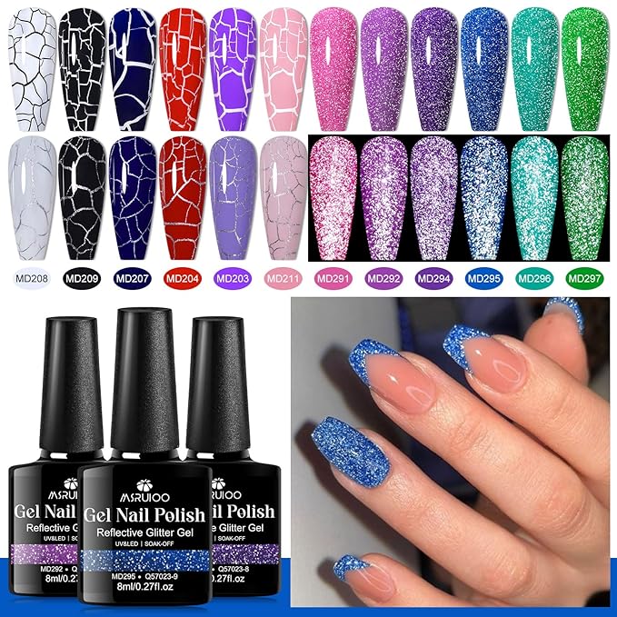 12 Colors Crackle Gel Nail Polish Reflective Glitter Neon Gel Polish Set Pink Blue Soak Off Uv Led Nail Polish Kit 8ml (Cracked Nail Polish + Glitter Gel Polish)