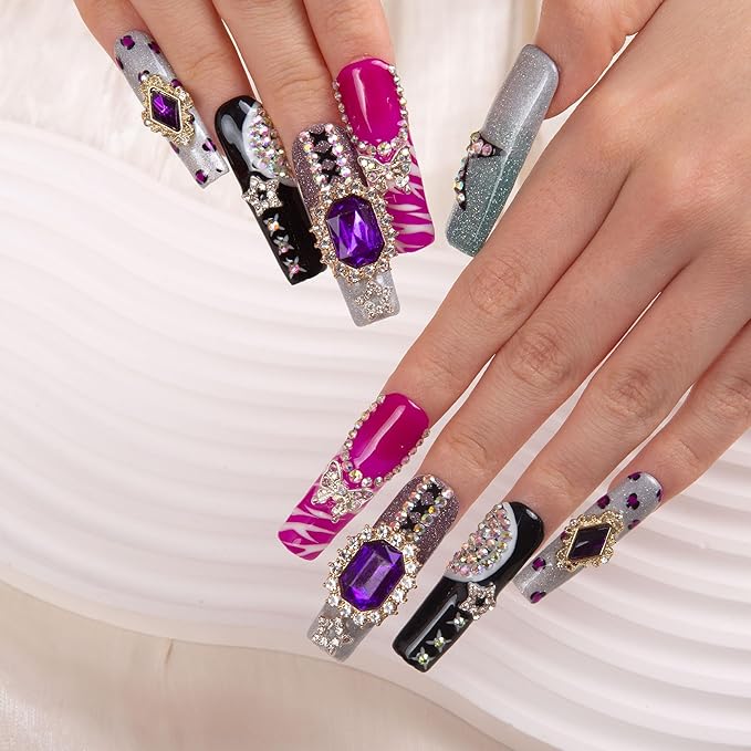 LOVFUL Press on Nails Jungle Gems| Handmade with Full Covered Crystals| Reusable Fake Nails| Square Mid length 1.7in| H267-M