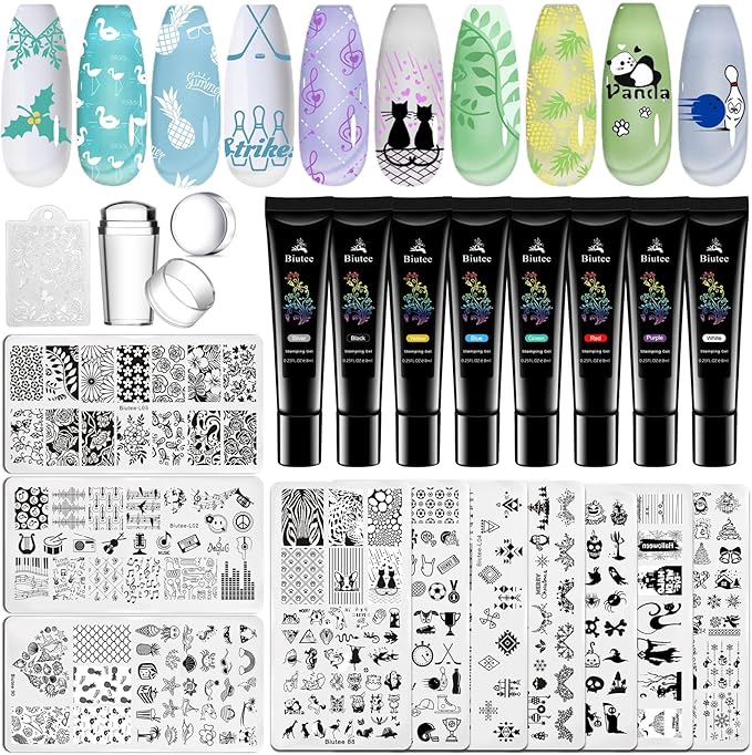 Biutee Nail Stamper Kit with Clear Stamper and Scraper, 10 Nail Stamping Plates and 8 Gel Stamping Polishes, UV Cure Required, Floral Animal Leaves French Nail Art Set for Beginners