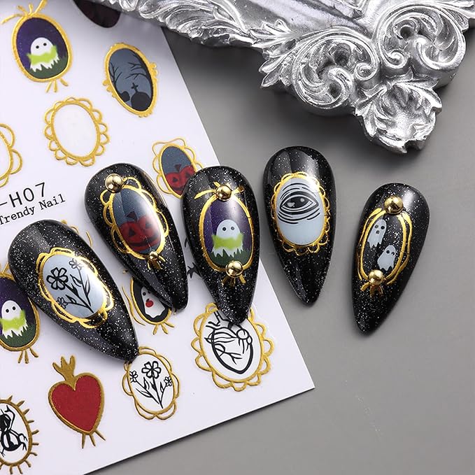 Retro Halloween Nail Art Stickers Decals Pumpkin Spider Nails Sticker 5D Embossed Spider Ghost Nails Decal Self-Adhesive Halloween Nail Decor for Women (4 Sheets)