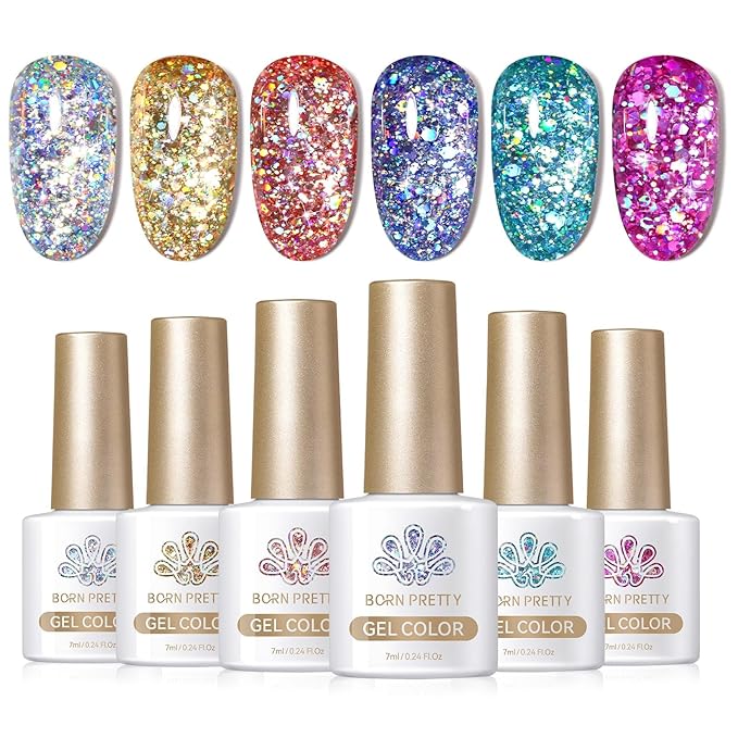 Born Pretty Glitter Gel Nail Polish Set Sparkly Shiny Gold Silver Pink Glitter Gel Polish Kit Soak Off U V Nail Gel Gift Box Nail Art Manicure Varnish Kit 7ML 6PCS