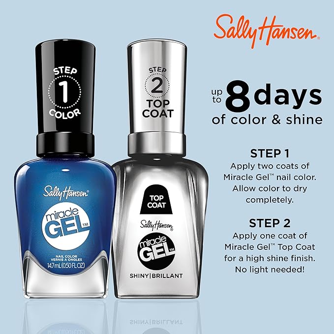 Sally Hansen Miracle Gel Salon Quality Nail Polish | Gel-Like Formula, Two-Step System, No UV Light Needed, Long Lasting | Semi-Opaque, Glossy | 646 Blues Cruise | Ocean Blue Nail Polish