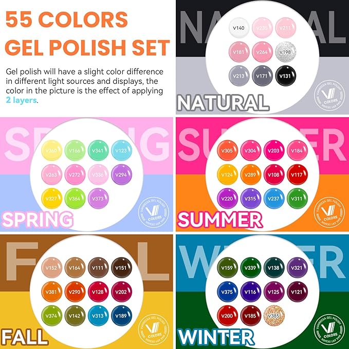 VANREESA 60 Pcs Gel Nail Polish Set, 55 Colors Gel Polish with Base Coat & 4 Effects Top Coat Full-Color Nail Polish Set All Seasons Nail Kit Gifts for Women Girls Nail Salon at Home
