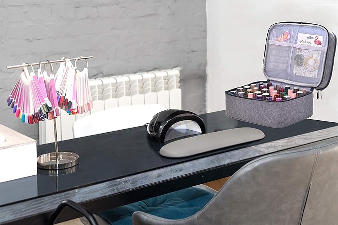 Nail Polish Organizer- Holds 30 Bottles Nail Supply Organizers and Storage Double-layer Nail Bag Organzier Case Nail varnish Organizer Nail Polish Storage Bag with Handle (Grey)