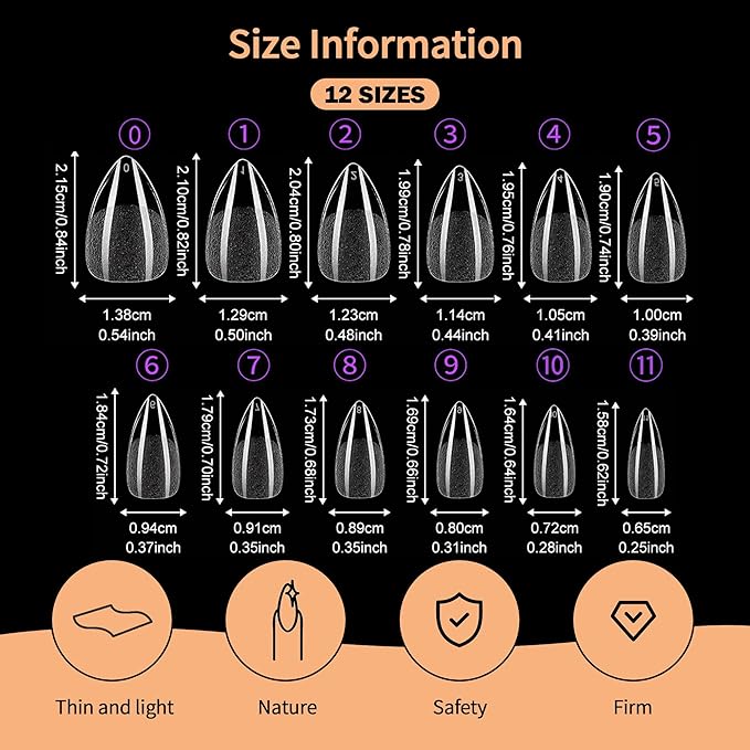 Almond Nail Tips:Full Cover Almond Press On Nails,Soft Gel Nail Tips X Half Matte False Nail Tips Pre-shaped Short Nails Tips12 Sizes300pcs,Clear Gelly Tips for Home Salon Daily Nail Art