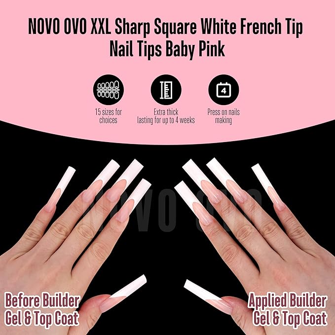 NOVO OVO XXL Sharp Square Nail Tips Pre-Designed White French Tip - 150Pcs Soft Gel Nail Tips Baby Pink Base, Full Cover False Nails 15 Sizes for DIY Acrylic Extension & Salon Supply (No C Curve Fit)