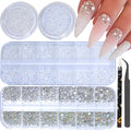 HNUIX Nail Rhinestones and Pearls Nail Charms, 4Box Crystals Nail Gems, Rhinestones, Pearl for Nails Gemstones Bling for DIY Nail Art Decor, with Wax Pencil and Tweeze