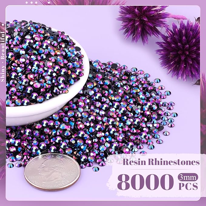 8000PCS 3mm Resin Jelly Rhinestones in Bulk (Purplish Black AB), Bedazzling Flatback Crystals Rhinestones for Crafting DIY Nail Decoration, Gems Diomand Charms for Tumbler Shoes Clothing Fabric