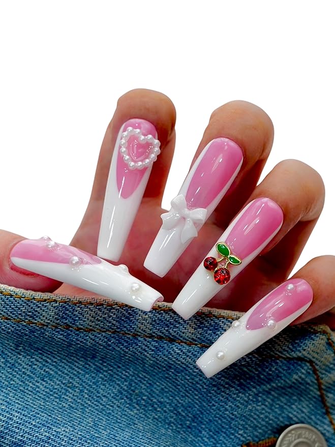 Cherry Pearl Pink Press on Nails – 10PCS Medium Coffin Glossy Fake Nails with White French Gradient and 3D Bow Charms, Cute Reusable Stick On Nails for Girls and Women – Euphrosyne