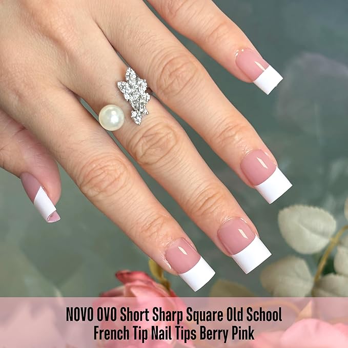 NOVO OVO Old School Wide White French Short Sharp Square Tip Nail Tips Press on BERRY PINK, Need Builder Gel Top Coat Nail Glue, Soft Gel Full Cover Fake Nail Extension, for DIY x 15 Sizes 240 pcs