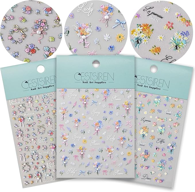 Spring Bouquet Nail Art Stickers, Flower Floral Rhinestone Spring Summer Nail Decals Design, Self-Adhesive, Nail Accessories & Supplies 3 Sheets