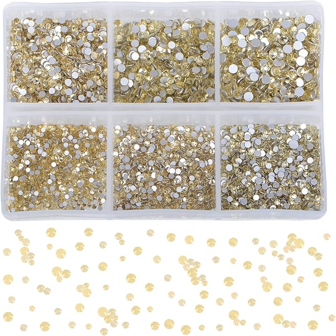 Bymitel 7200 Pieces 6 Mixed Sizes Glue Fix on Glass Rhinestones Round Crystal Gems Flatback for DIY Jewelry Making with one Picking Pen (6-Sizes 7200PCS, Jonquil)