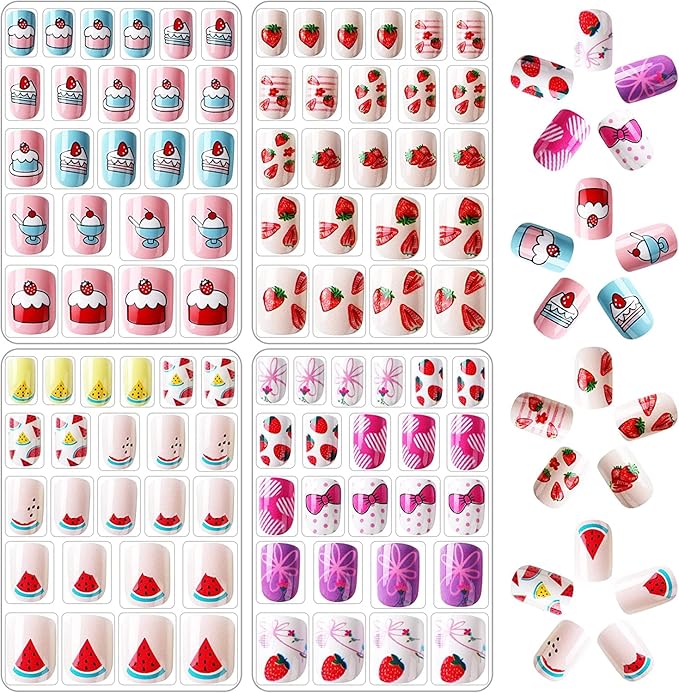 JANYUN 96 Pcs Kids False Nail Stick on Nails Full Cover Short False Nails Children Nail Tips Lovely Gift for Kids Little Girls Nail Art Decoration (Fruits Color)