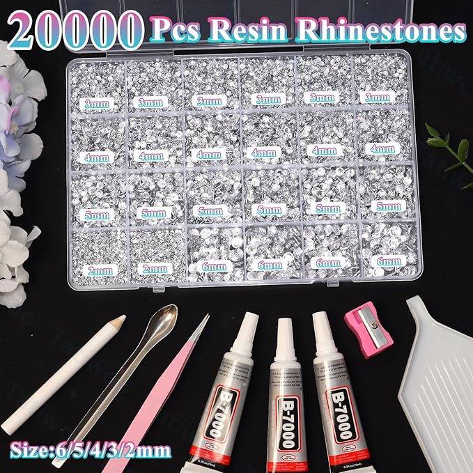 20000Pcs Silver White Crystal Flatback Jelly Resin Rhinestones for Bedazzling, Mix Sizes White Clear Rhinestones Gems Bedazzling for Crafting, Flatback Rhinestone for DIY Face Makeup Crafts Tumblers