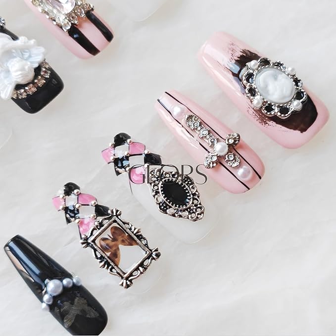 Gothic Press-on Nails, Long Coffin Shape, Pink Black White, 3D Decorative Gems and Charms, Handmade False Nail 10 Pieces (XS, LC)