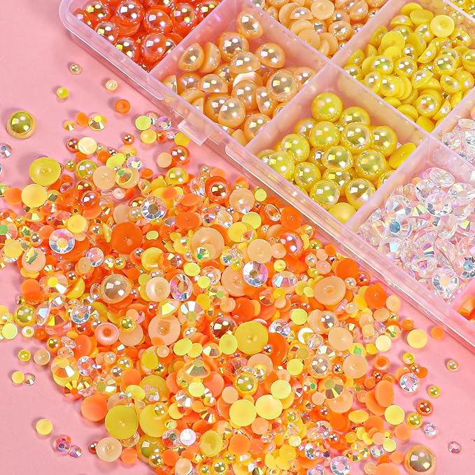 22000 Pcs Orange Flatback Pearls and Rhinestones Bedazzling Kit, Resin Rhinestones Gems for Crafting, Mixed Size Half Pearls Gems for Nails Face Eyes Makeup Bottles Shoes DIY Crafts