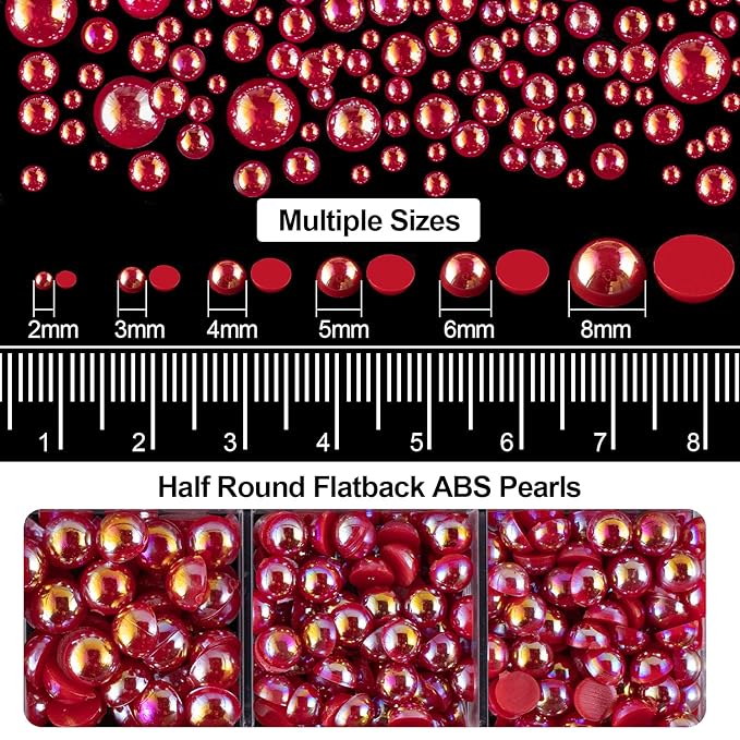4000PCS Flatback Rhinestones and Half Round Pearls Kit #19, Multi Size Glass Clear Crystals, Plastic Flat Back Red AB Dome Bead with Pickup Pencil and Tweezer for Nail Art