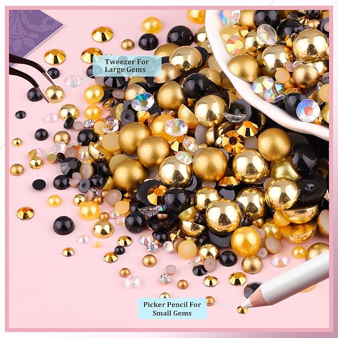80g Flatback Pearls and Rhinestones for Crafting, Golden Black Mixed Size 3-10mm Resin Rhinestones and Half Pearls for Bedazzling, Nail Art and Decoration with Tweezer and Pickup Pencil