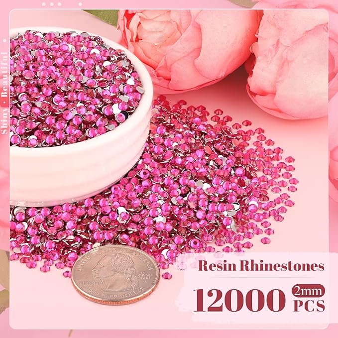 12000PCS 2mm Resin Rhinestones Bulk for Crafting (Hot Pink), Flatback Bedazzling Crystals for Crafts DIY Nail Decoration, Gems Charms for Tumbler Shoes Clothing Fabric with Pickup Pen and Tweezers