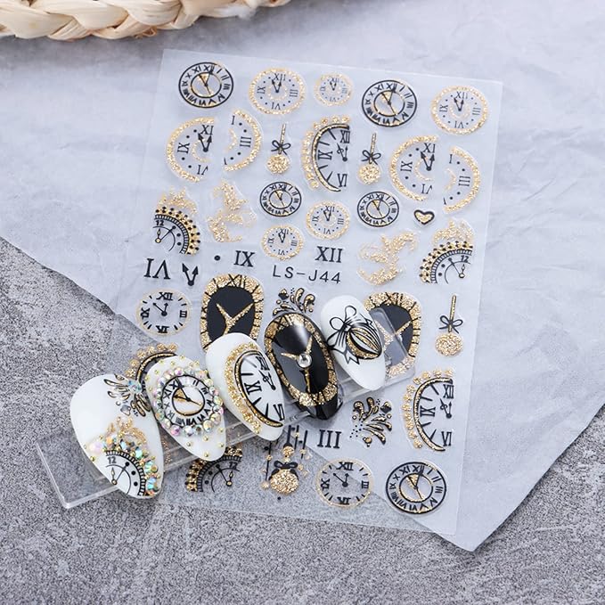 Gold Nail Art Stickers, Leopard Butterfly Sun Moon Star Clocks Watches Nail Self-Adhesive Sticker Designs, 3D Gold Nail Transfer Decals Supplies for Women Manicure Decorations, DIY Nail Decal
