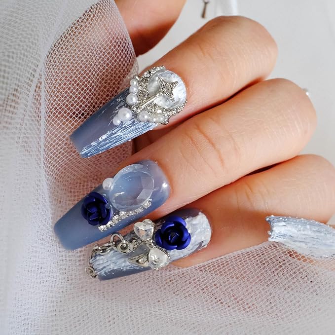 Handmade Press On Nails, 3D Blue Rose Design with Moon Charms, Long Coffin Style, 10 Pieces (Small,LB)