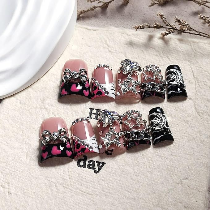 Handmade Short Duck Press on Nails Luxury 3D Unique Reusable ABS Material Fake Nails Black French Tip False Nails with Charms Designs Sparkly Glossy Glue on Nail for Women 10Pcs (Size M)