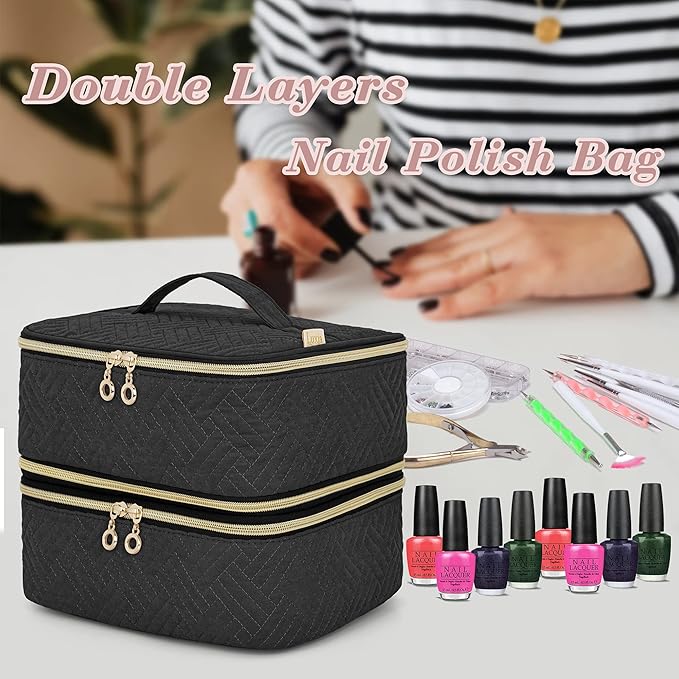 LUXJA Detachable 2 Layers Nail Polish Organizer - Hold 60 Bottles (15ml - 0.5 fl.oz), Nail Polish Case with Tools Storage Pockets (Patented Design), Black
