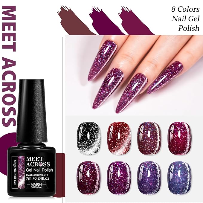 MEET ACROSS 9Pcs Cat Eye Gel Nail Polish Set Glitter Purple Red Black Magnetic Gel Polish Kit with Magnet, Soak Off UV/LED Cateye Nail Polish DIY Manicure Kit 8 Colors