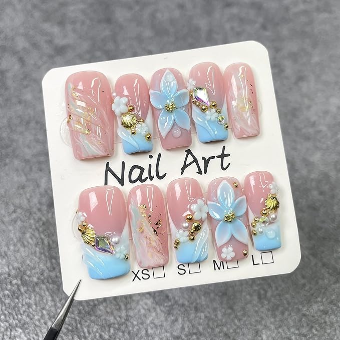 10Pcs Handmade Press on Nails Medium Square Fake Nails with 3D Flower Art Design Light Blue French False Nails Luxury Acrylic Nails Press Ons Reusable Stick on Nail for Women (Size M)