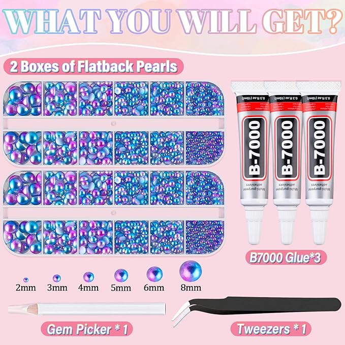 Flatback Pearls for Crafting with 3Pcs 10ml B7000 Jewelry Glue, 2 Boxes of Half Round Blue Mermaid Pearls, Bedazzling Beads for DIY Crafts Clothing Tumblers Shoes Embellishment Nail Art