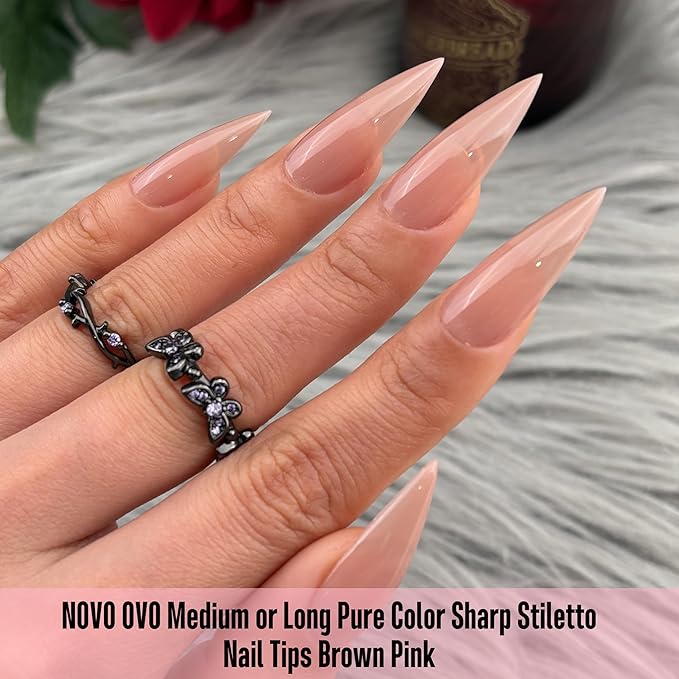 NOVO OVO Sharp Stiletto Nail Tips Press on Medium Long Pure Color Brown Pink, Pointed Soft Gel Fake Acrylic Extension, Full Cover False Nails for Salon DIY x 16 Sizes 224 pcs