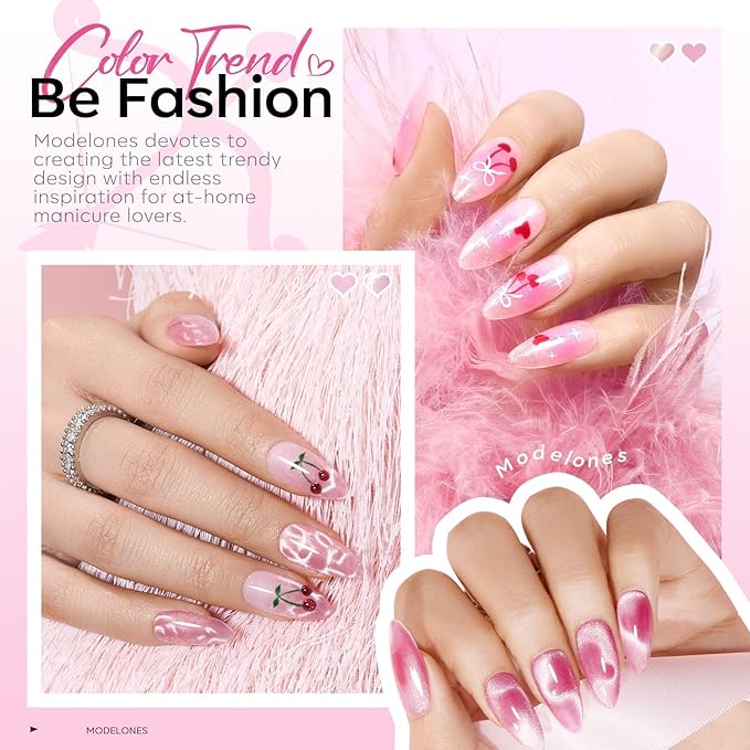 modelones Pink Gel Polish Set, Hema Free Light Pink Cat Eye Gel Polish Jelly Glitter Nude Hot Pink Pastel Nail Polish 6 Colors 2026 Spring Easter LED Nail Art DIY Gift with Magnet&Love-heart Stickers