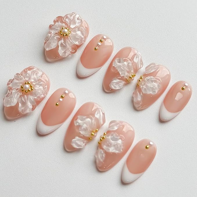 Luxury Press on Nails Short Almond Handmade 3D Unique Reusable ABS Material Fake Nails White French Tip Purple False Nails with Designs Ice Flower Pearls Glossy Glue on Nail Thick Acrylic Nail(S)