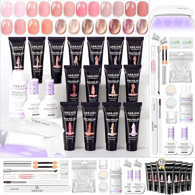 SAVILAND Hema-Free Poly Gel Nail Kit Starter: 15 Extend Gel Natural Colors Peach Rose Pink Brown Cat Eye Effect with Mini Nail Lamp Slip Solution for Long Lasting Nourish Nails Home Salon Daily DIY