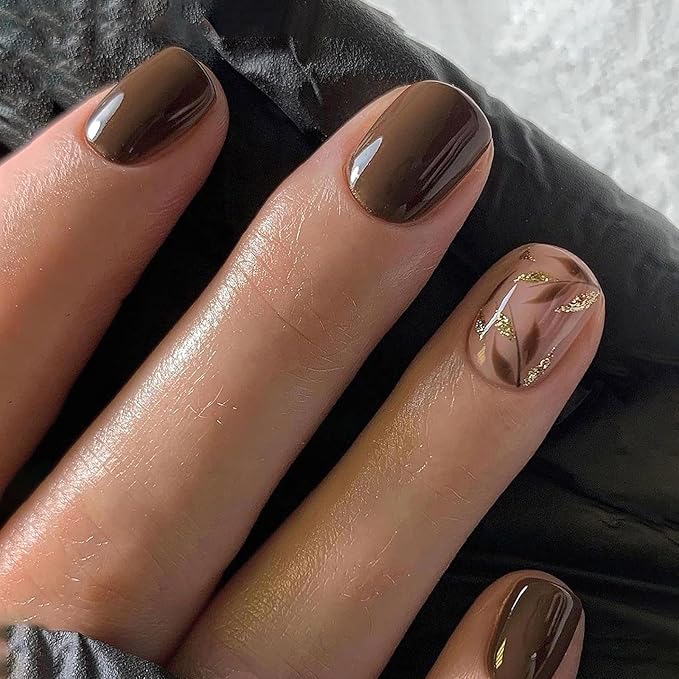 Brown Press On Nails Short Square 24pcs, Nude Coffee False Nails with Gold Leaf Design, Glossy Acrylic Stick On Nails, Natural Reusable Glue On Fake Nails Kit for Women