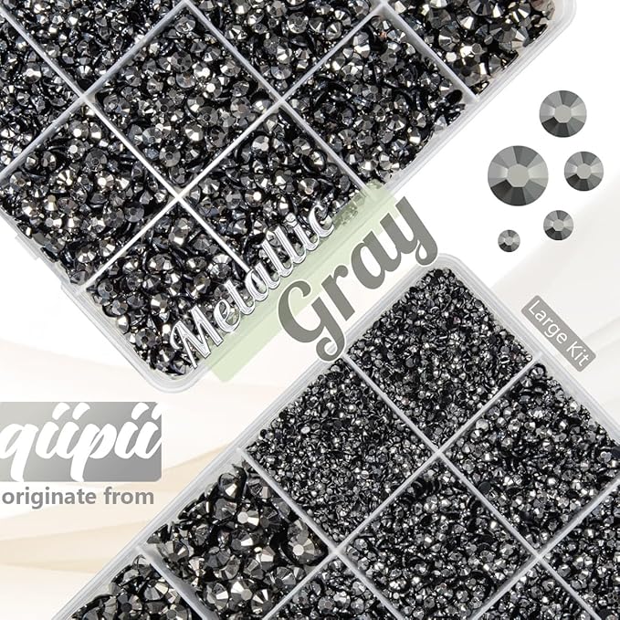 Metallic Gray Resin Rhinestones w B7000 Glue for Bedazzling Crafting 2mm-6mm Flatback Gems Stones Steel Grey Diamonds Bedazzler Kit for Nails Face Eyes Makeup Tumblers Bottles DIY Crafts Shoes