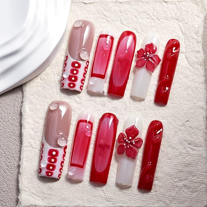 10Pcs Extra Long Square Handmade Press On Nails - Red Ombre French Tip Luxury Full Cover Acrylic Fake Nails with 3D Flower Designs for Women (Size M)