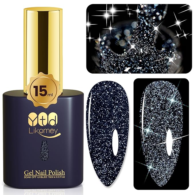 YTD Likomey Reflective Glitter Gel Nail Polish,15ml Black Flash Diamond Shimmer Nails Gel,Dark Blue Tone Black Sparkly Shiny Salon Home Fall Winter Manicure UV Color Varnish,SZ010
