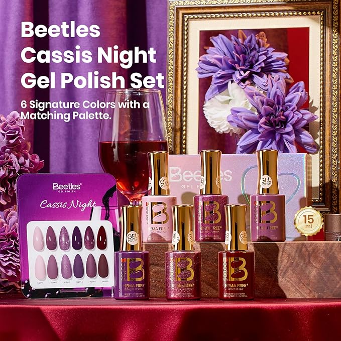 beetles Purple Gel Polish Set - 6 Colors Cassis Night Collection HEMA-Free 15ml Dark Purple Glitter Shimmer Color Nails with Swatch Card, Home Salon Soak Off UV LED Valentines Gift for Women