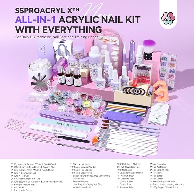 SAVILAND Professional Acrylic Nail Kit: Acrylic Nail Set KIt for Beginners with Everything Nail Tranning Mat Nail Art Brush Nail Drill Nail Polish with Dryer for Nail Extension Carving