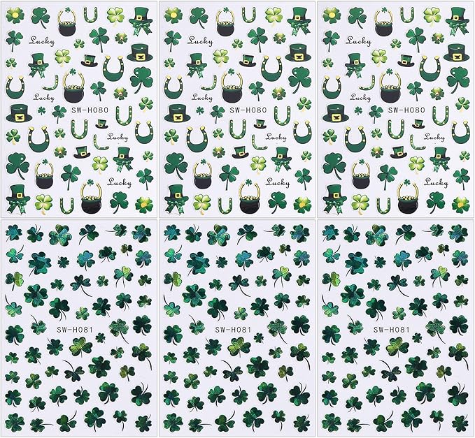 6 Sheets St Patricks Day Nail Stickers Green Laser Irish Shamrocks Nail Art Stickers Hat Horseshoe St. Patrick's Day Nail Decals 3D Self-Adhesive Lucky Clover Nail Decorations for Women Nail Designs