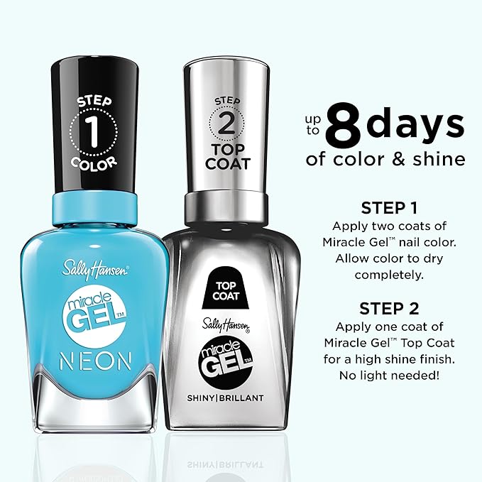 Sally Hansen Miracle Gel Neons Salon Quality Nail Polish| Gel-Like Formula, Two-Step System, No UV Light Needed, Long Lasting | Opaque, Glossy | 53 Miami Ice| Neon Blue Nail Polish