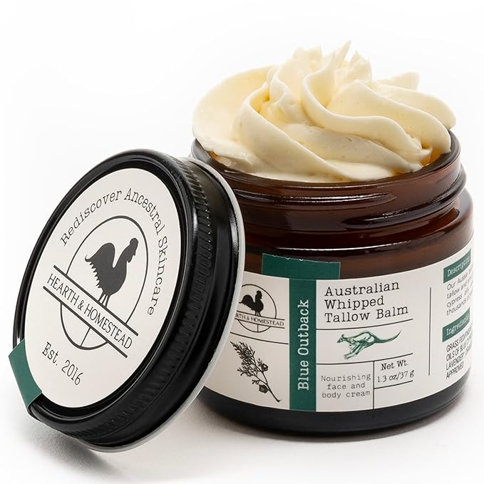 Hearth and Homestead: Handmade Blue Outback Australian Whipped Tallow Balm with Emu, Jojoba, Sandalwood, and Blue Cypress - 1.3 oz -