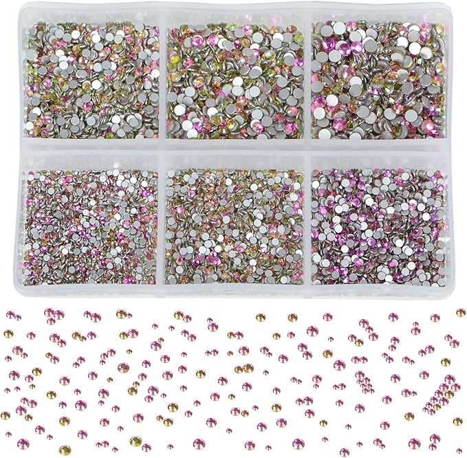 7200PCS Art Nail Rhinestones Non Hotfix Non-Magnetic Glue Fix Round Crystals Glass Flatback for DIY Jewelry Making with one Picking Pen (6-Sizes 7200PCS, Golden Rose)