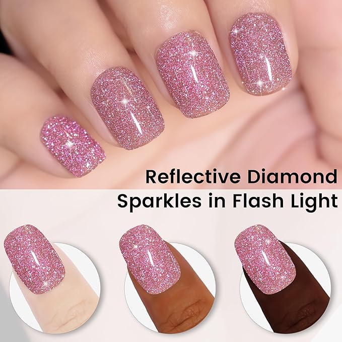 YTD Likomey Gel Nail Polish,Colorful Reflective Glitter 15ml Pink Flash Diamond Shimmer,Sparkly Shiny Salon Home Fall Winter Manicure UV Varnish,SZ397